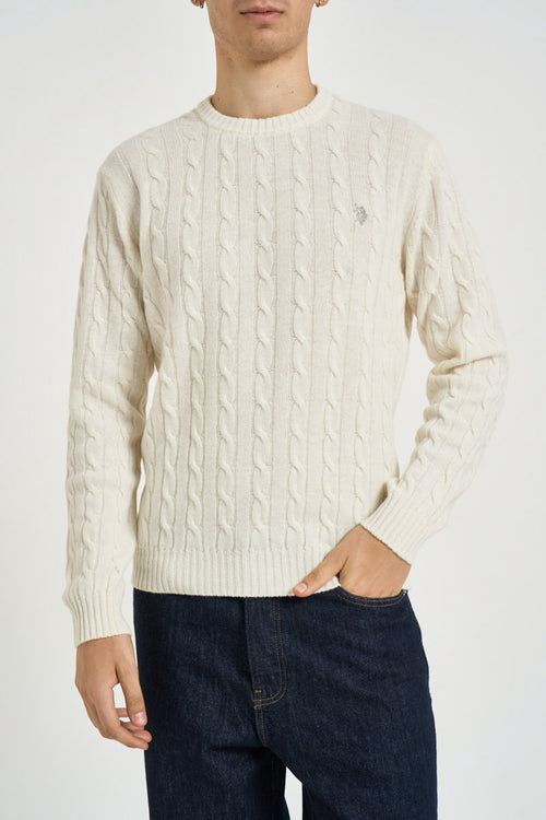 Maglione uomo a treccia girocollo panna - 1