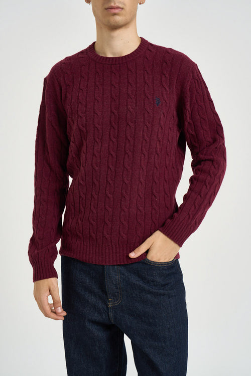 Maglione uomo a treccia girocollo bordeaux - 1