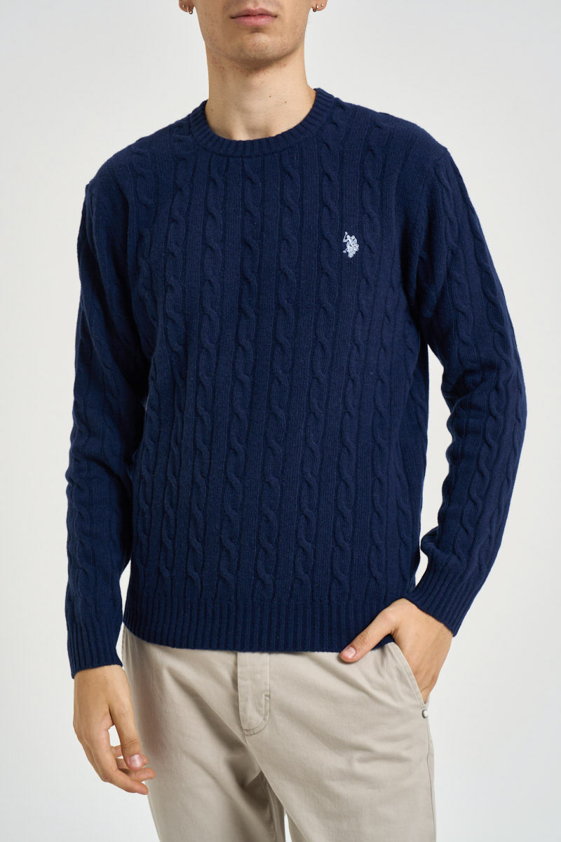 Maglione uomo a treccia girocollo blu JAYL 177 U.S. POLO 