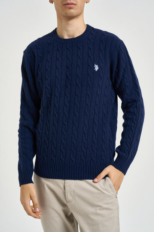 Maglione uomo a treccia girocollo blu - 1