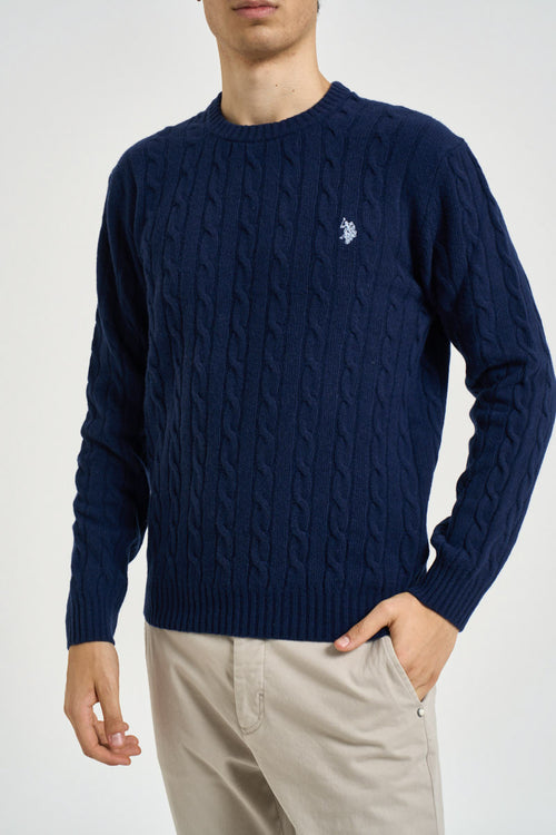 Maglione uomo a treccia girocollo blu - 2