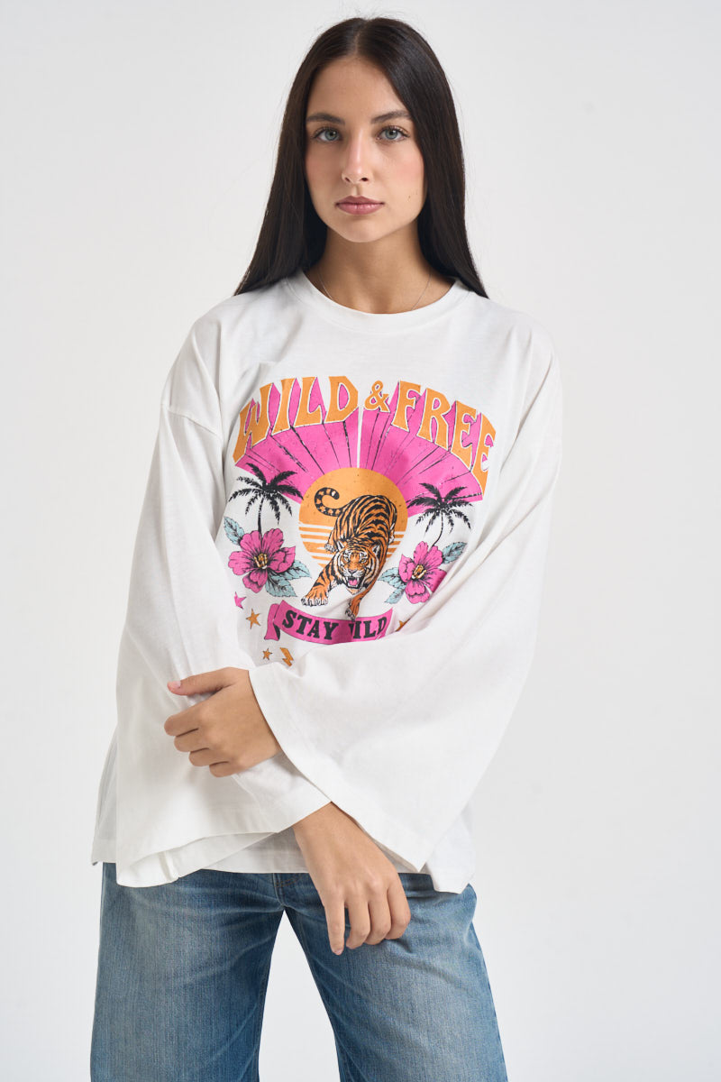 T-shirt donna fantasia e maniche svasate bianca RAC0254 NATURALE VICOLO 