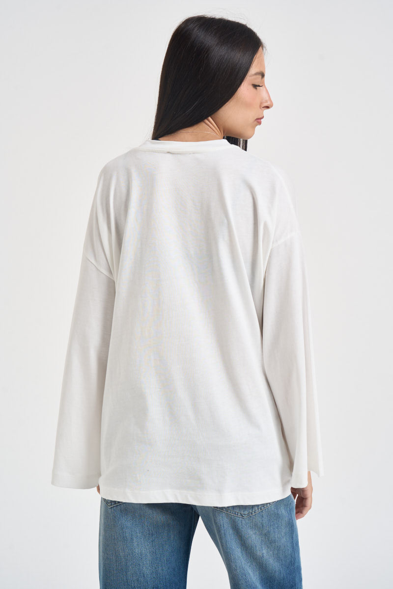 T-shirt donna fantasia e maniche svasate bianca RAC0254 NATURALE VICOLO 