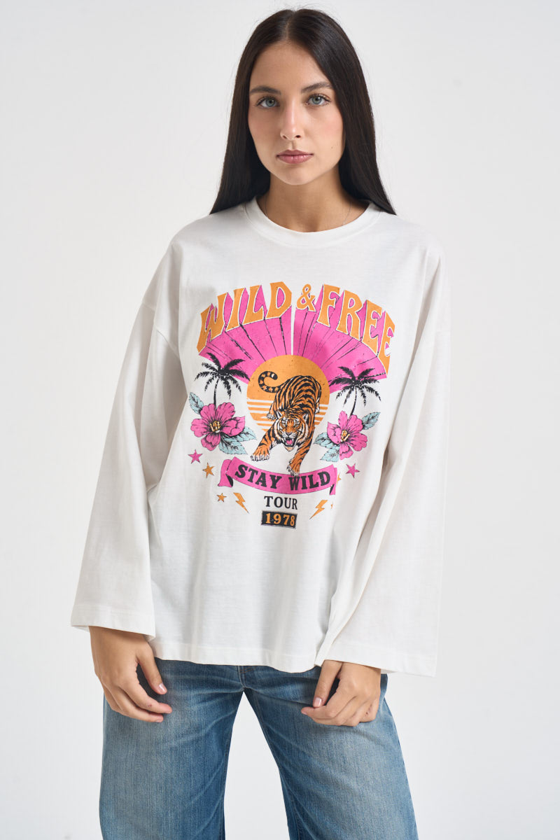 T-shirt donna fantasia e maniche svasate bianca RAC0254 NATURALE VICOLO 