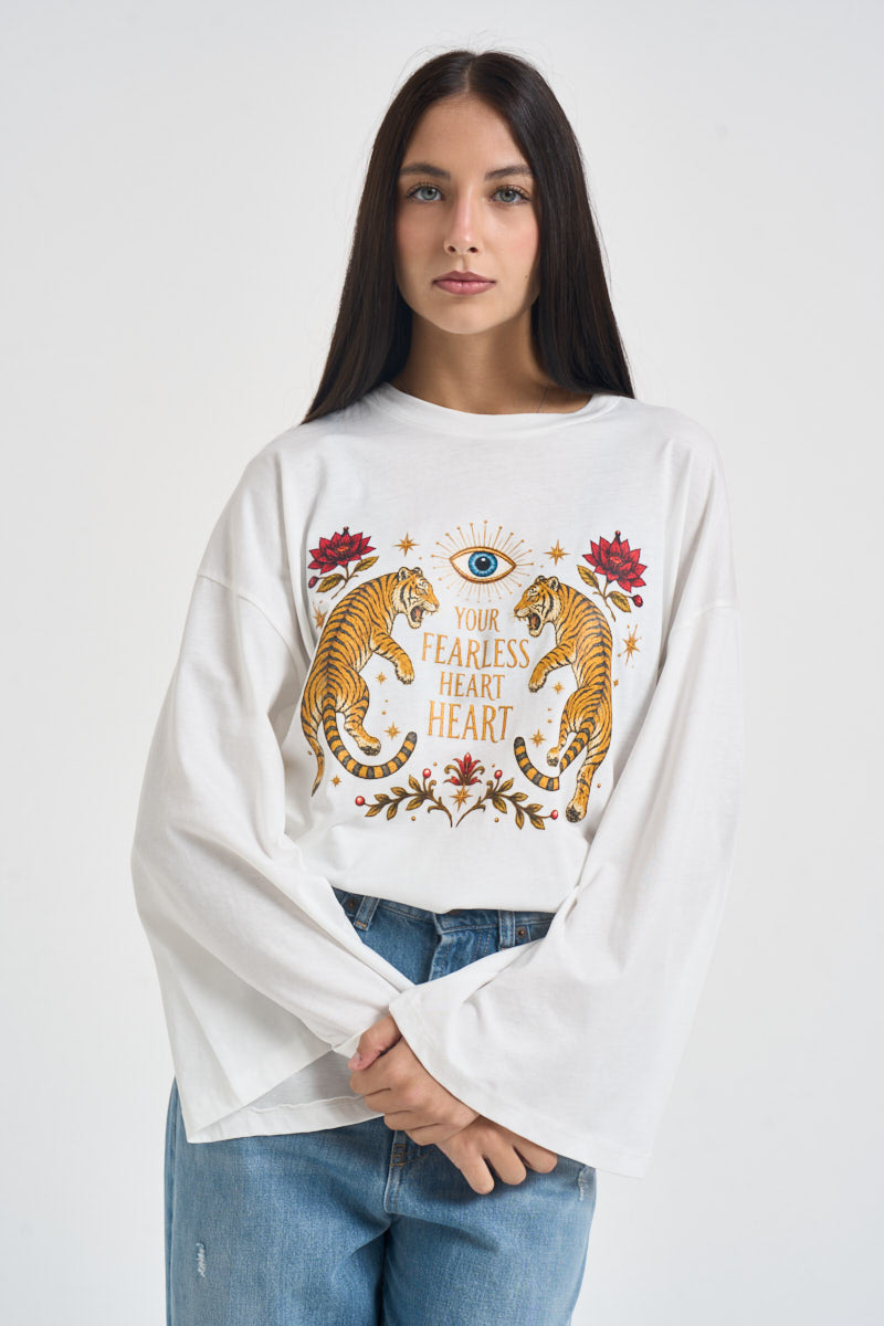 Maglia donna maniche svasate fantasia bianca RAC0255 NATURALE VICOLO 