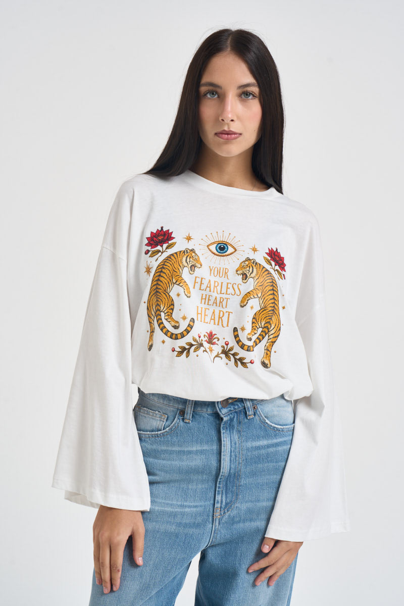 Maglia donna maniche svasate fantasia bianca RAC0255 NATURALE VICOLO 