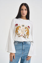 Maglia donna maniche svasate fantasia bianca RAC0255 NATURALE VICOLO 