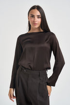 Blusa donna girocollo satinata marrone scuro C049B MOKA VITTO 