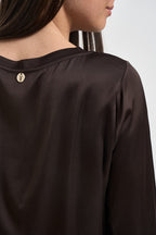 Blusa donna girocollo satinata marrone scuro C049B MOKA VITTO 