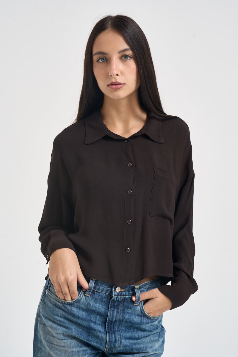Camicia donna cropped marrone cioccolato H484C MOKA VITTO 
