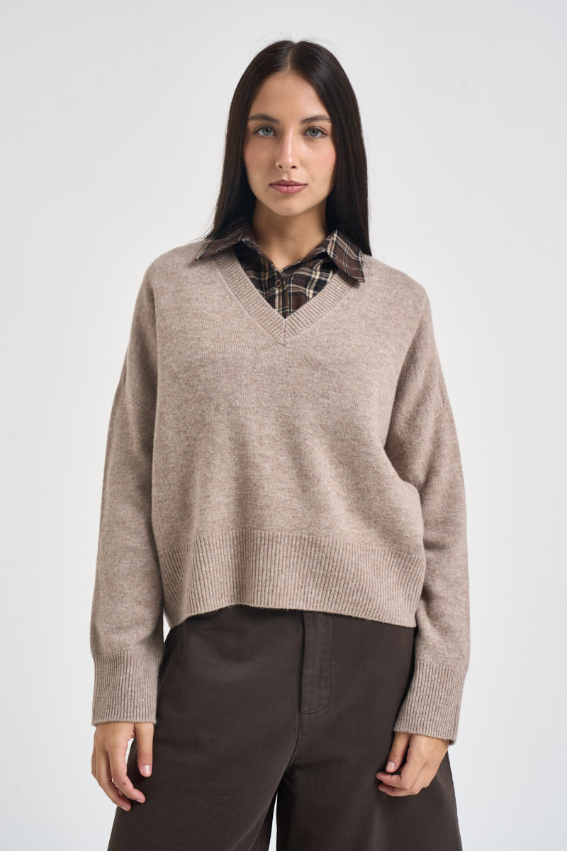 Maglia donna con scollo a V beige mélange WL7288 BEIGE VITTO 