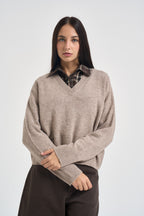 Maglia donna con scollo a V beige mélange WL7288 BEIGE VITTO 