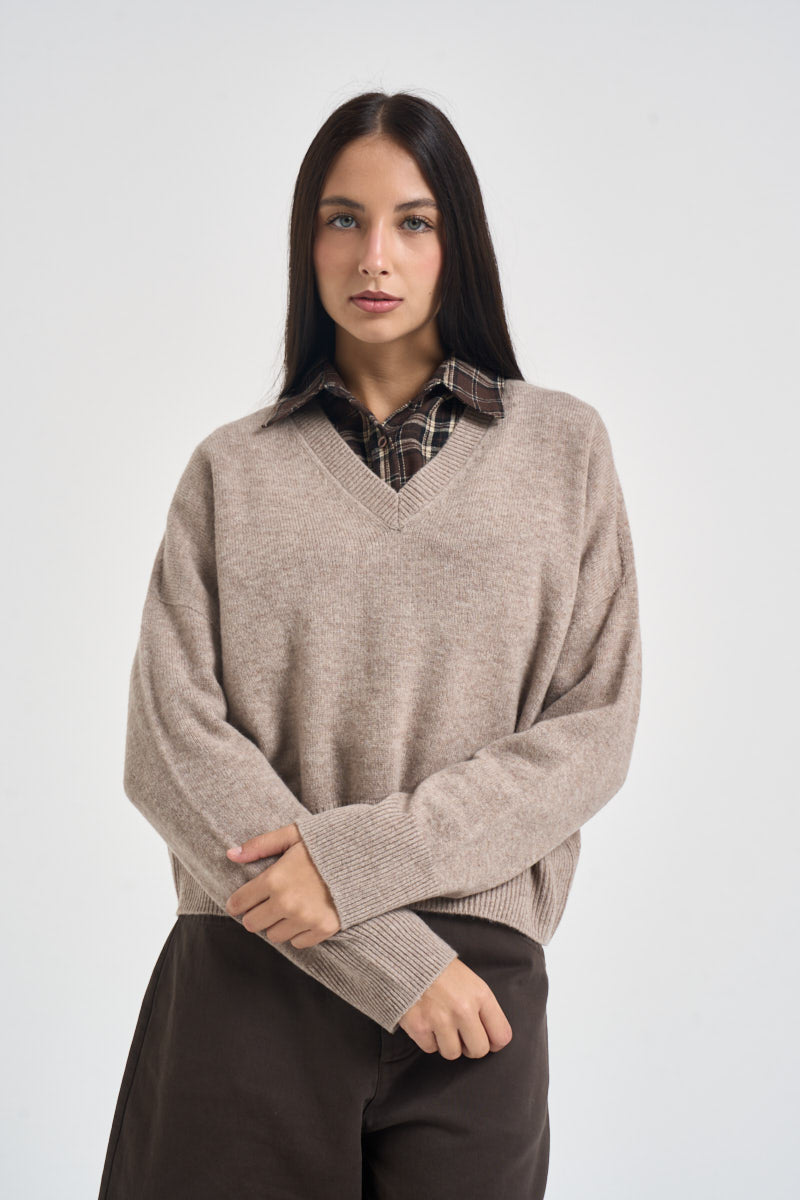 Maglia donna con scollo a V beige mélange WL7288 BEIGE VITTO 