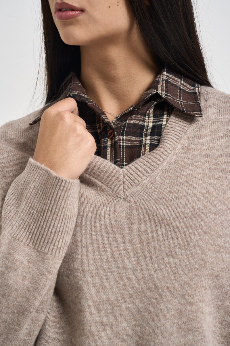 Maglia donna con scollo a V beige mélange WL7288 BEIGE VITTO 