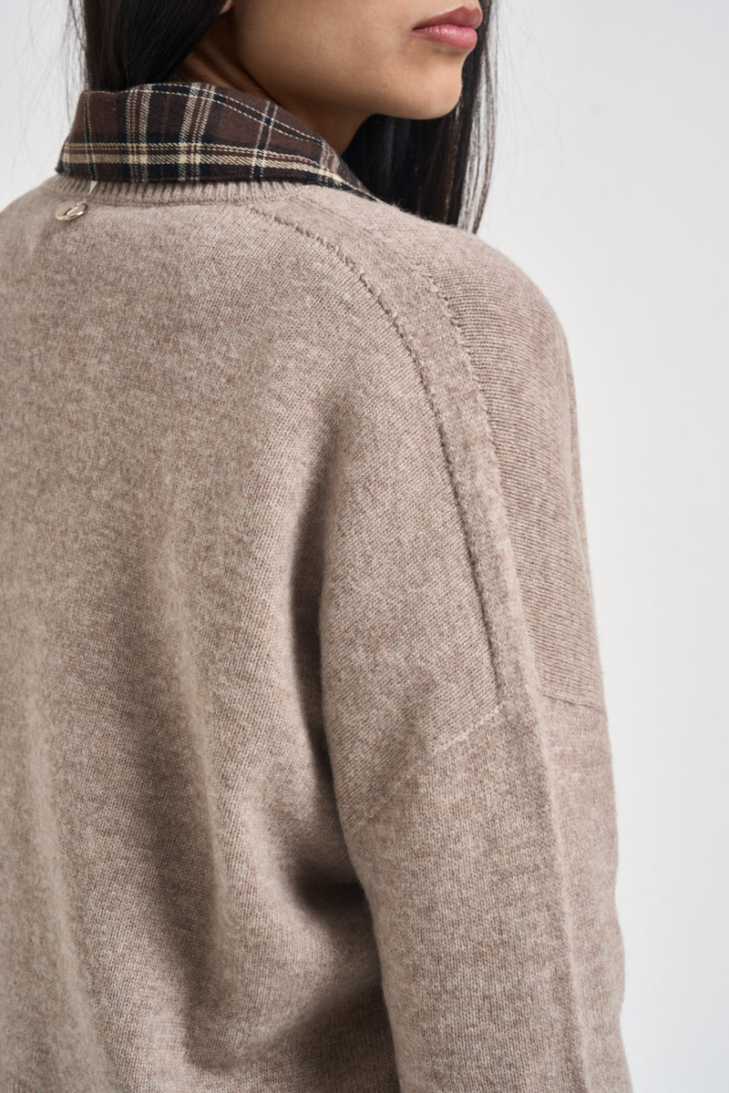Maglia donna con scollo a V beige mélange WL7288 BEIGE VITTO 
