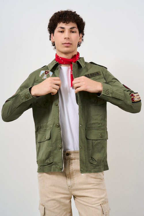 Men's military green jacket with patches and all-over pockets