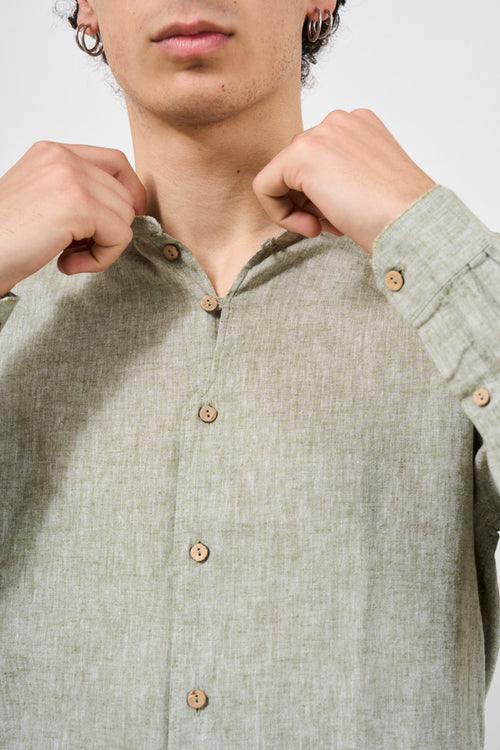 Men's Korean Shirt in Green Cotton Linen - 2