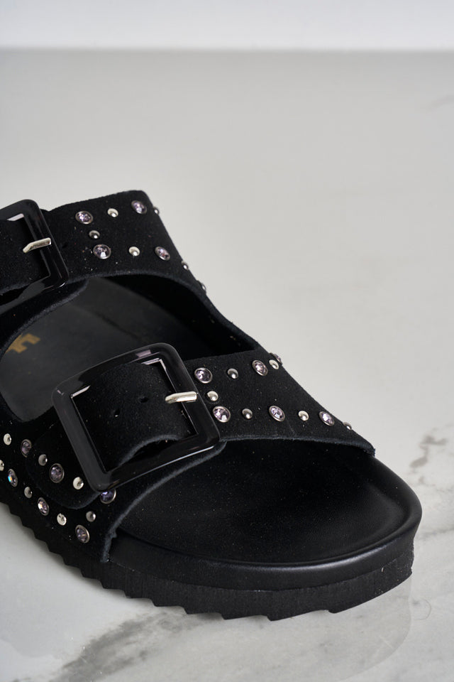 Women's suede sandals with rhinestones and studs