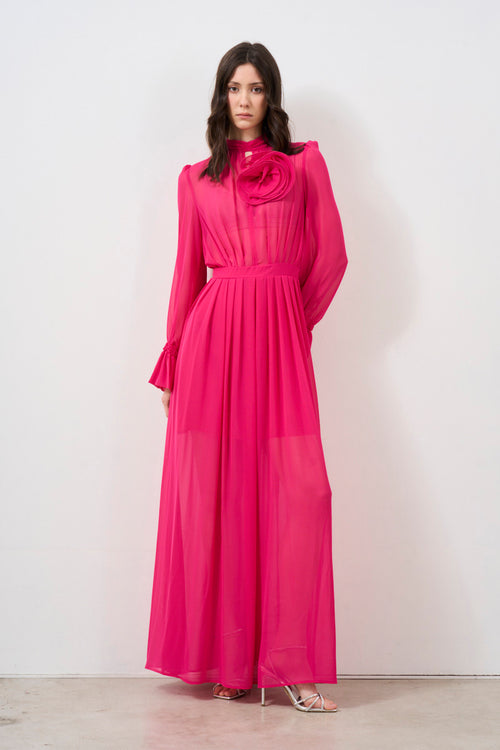 Long chiffon dress with fuchsia rose applique