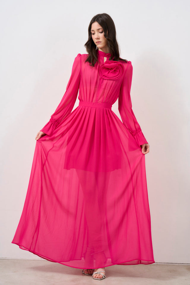 Long chiffon dress with applied rose