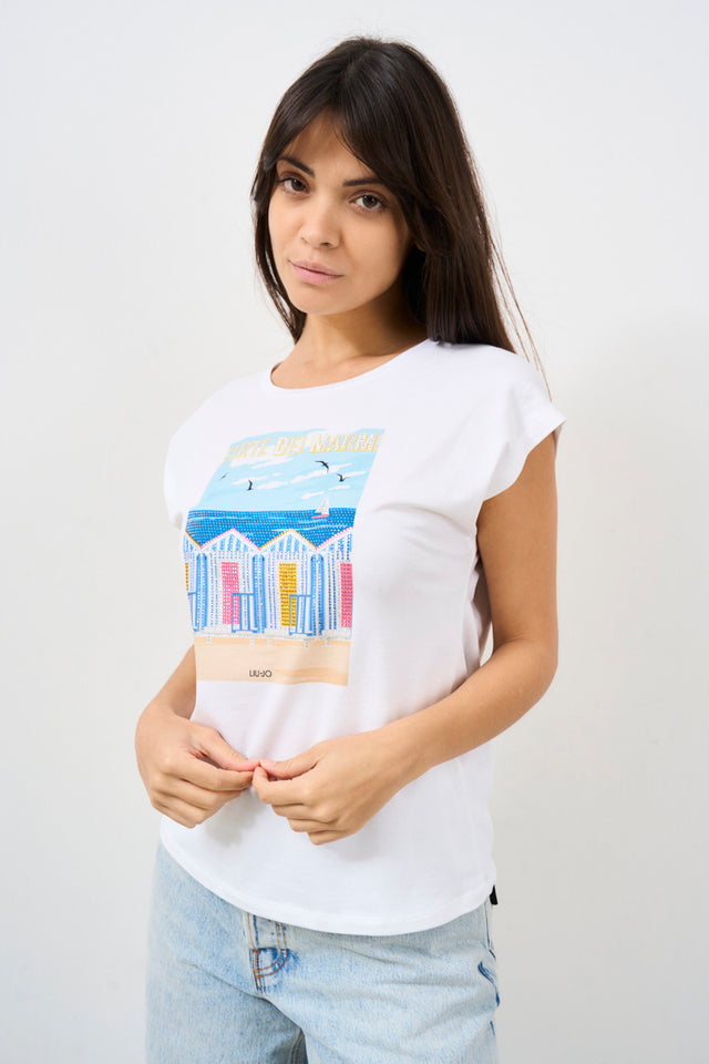LIU JO Women's T-shirt with print and rhinestones