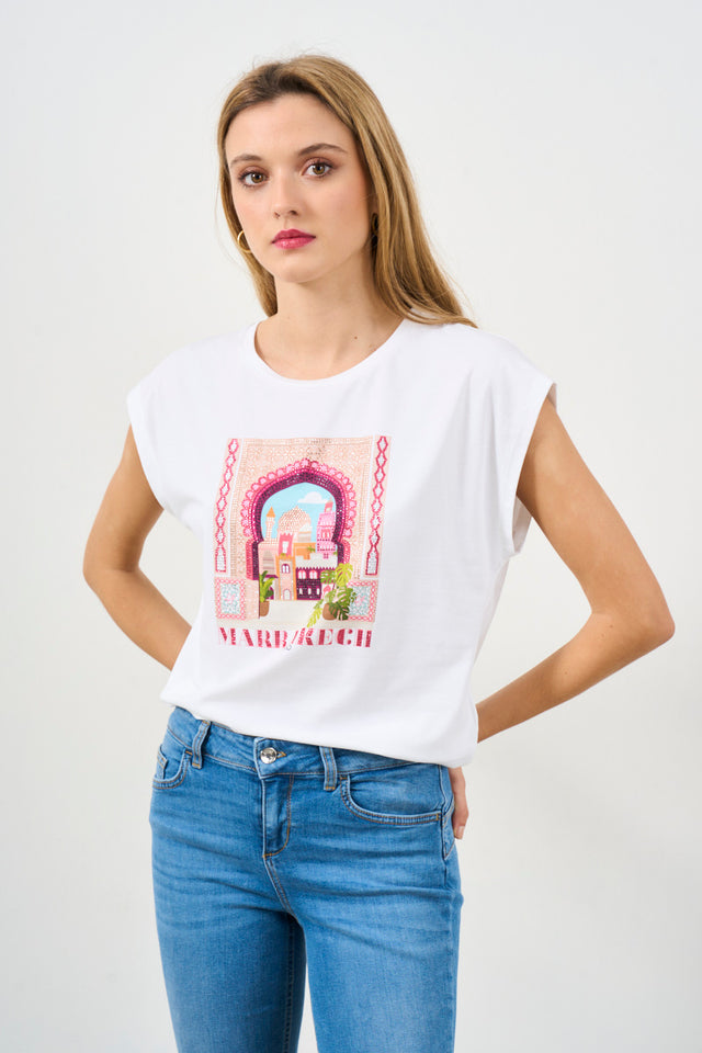 LIU JO Women's T-shirt with print and rhinestones