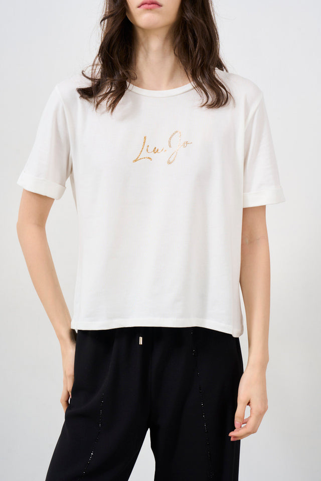 T-shirt donna con logo in strass bianca