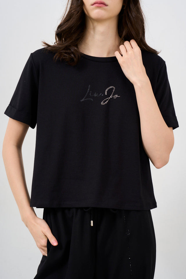 T-shirt donna con logo LIU JO in strass