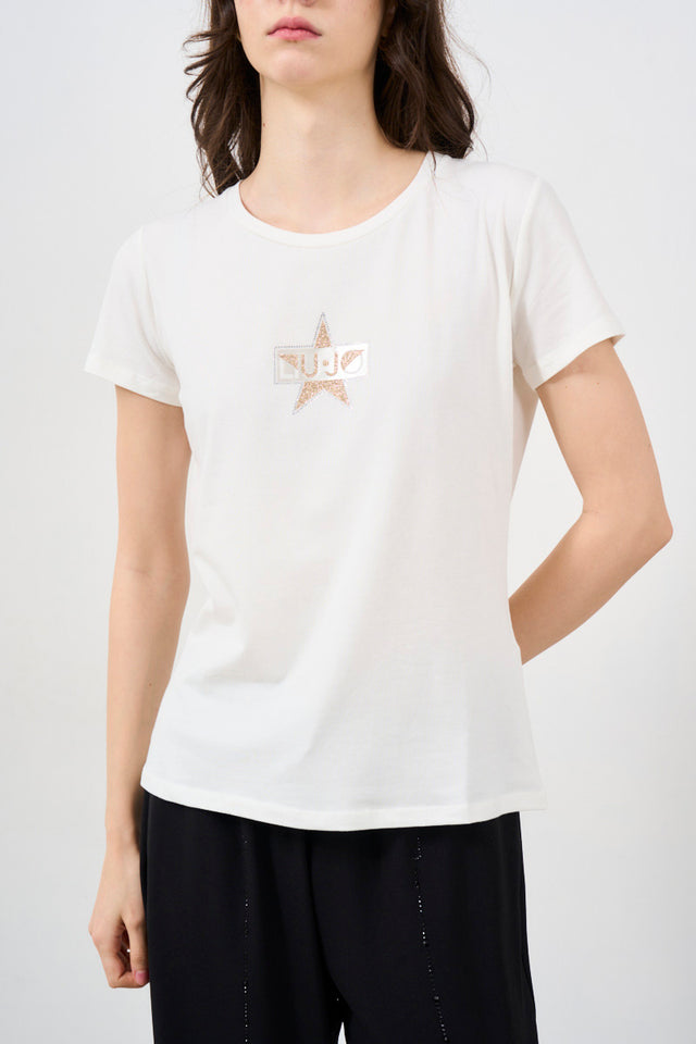 T-Shirt Donna Con Stampa Stella In Lurex Bianca<BR/>