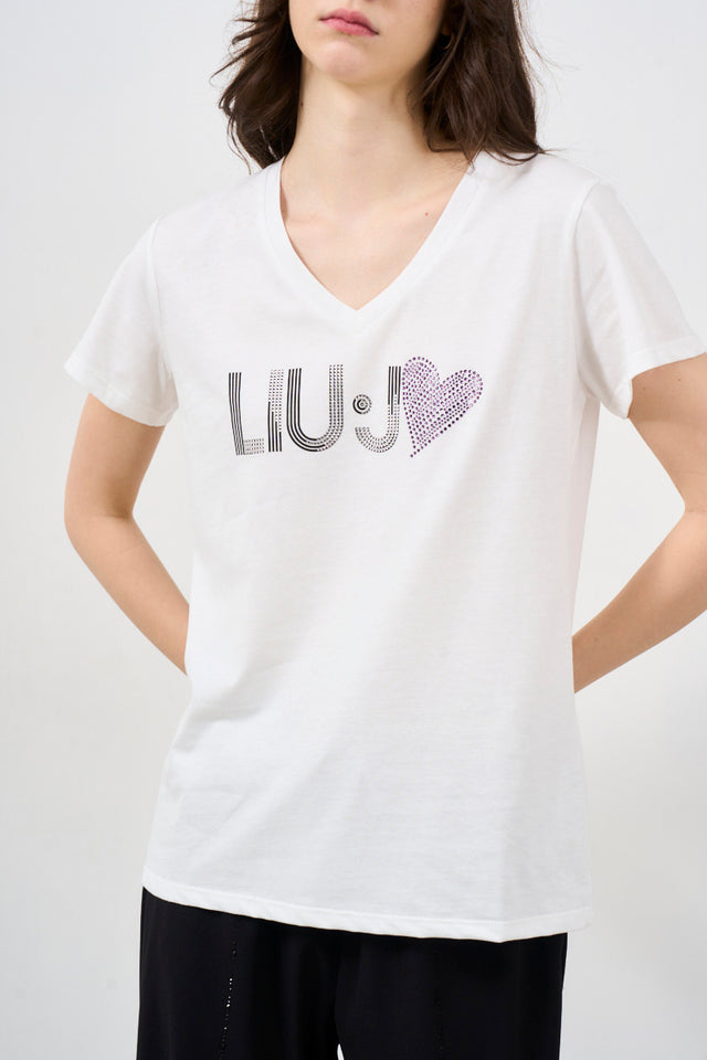 Women's T-shirt with white rhinestone heart logo<br><br>