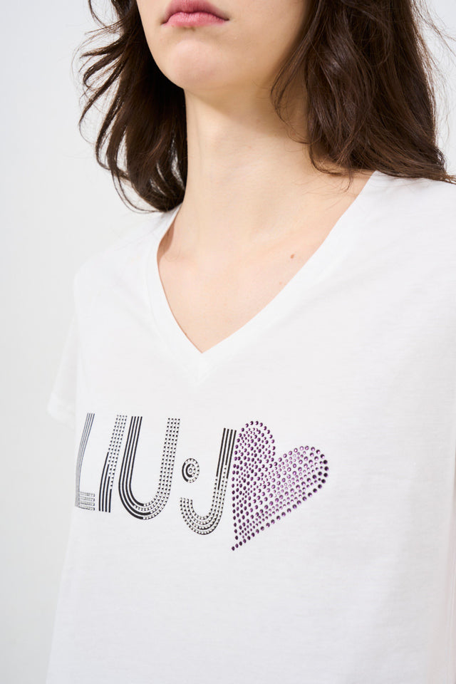 T-shirt donna con logo a cuore in strass bianca<BR/><BR/>