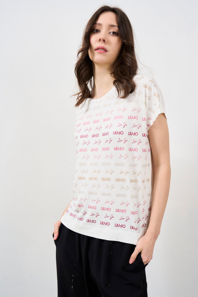 T-shirt donna con logo all-over bianca