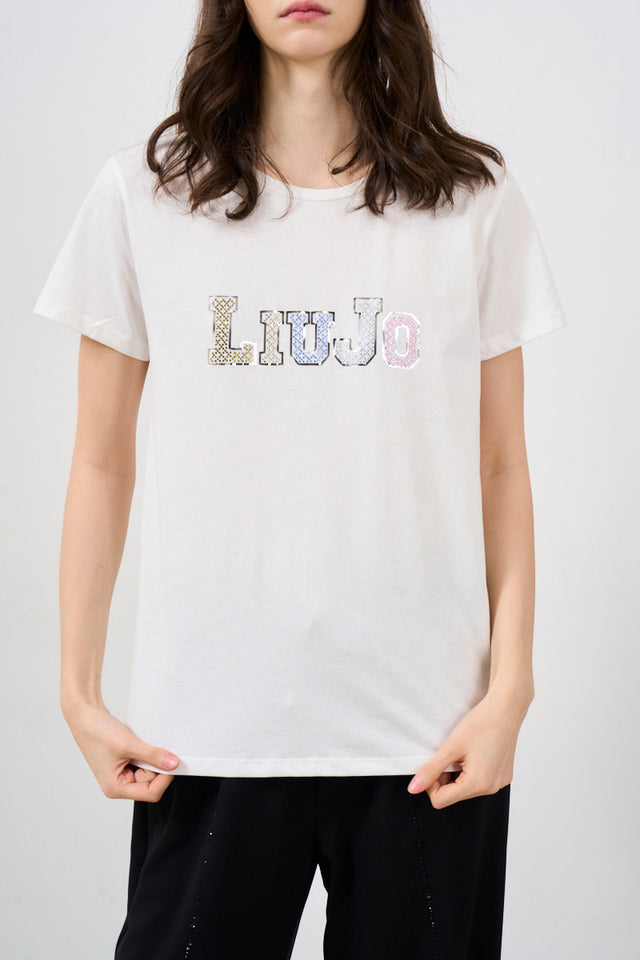 White women's t-shirt with maxi multicolored logo<br><br>