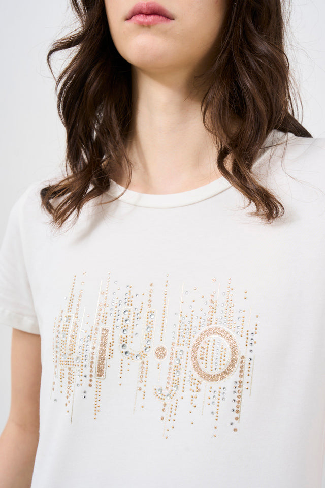 T-shirt donna con maxi logo in strass bianca