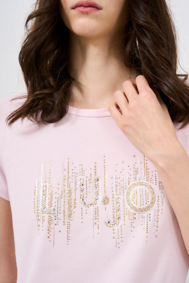 Women's T-shirt with maxi pink rhinestone logo