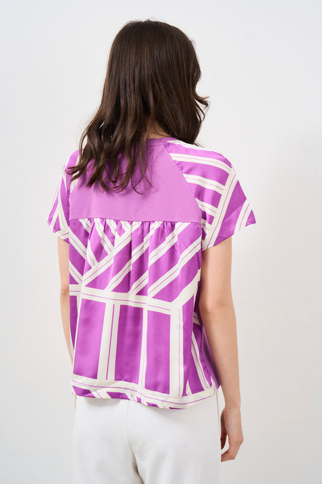 Women's T-Shirt With Purple Printed Satin Inserts