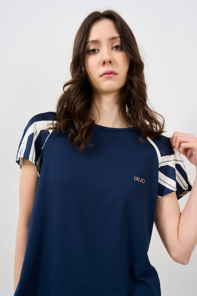 Women's T-Shirt With Blue Printed Satin Inserts
