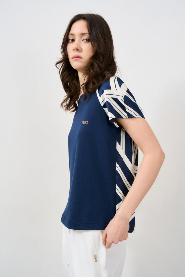 T-Shirt Donna Con Inserti In Raso Stampato Blu