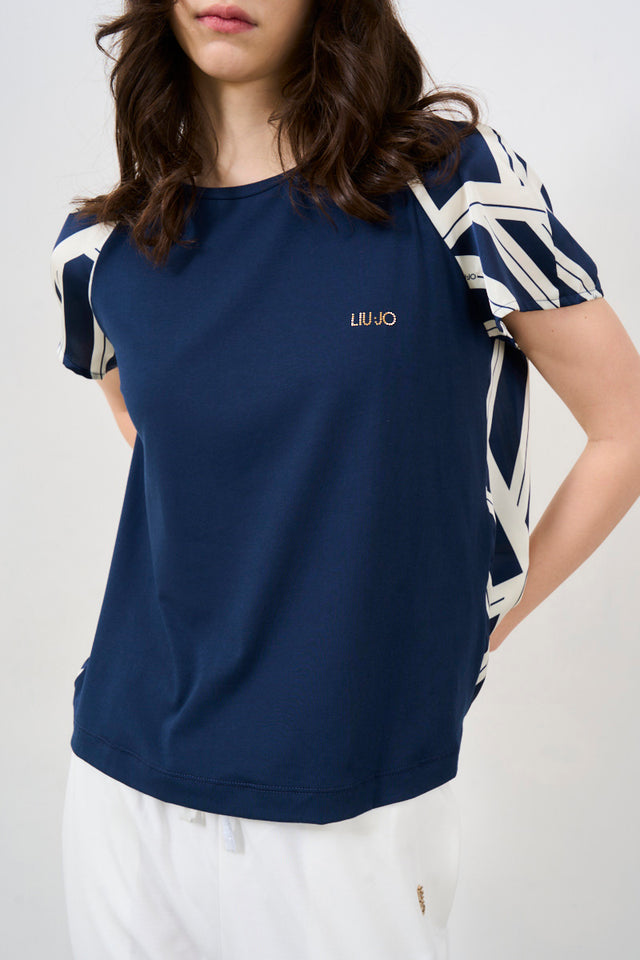 T-Shirt Donna Con Inserti In Raso Stampato Blu