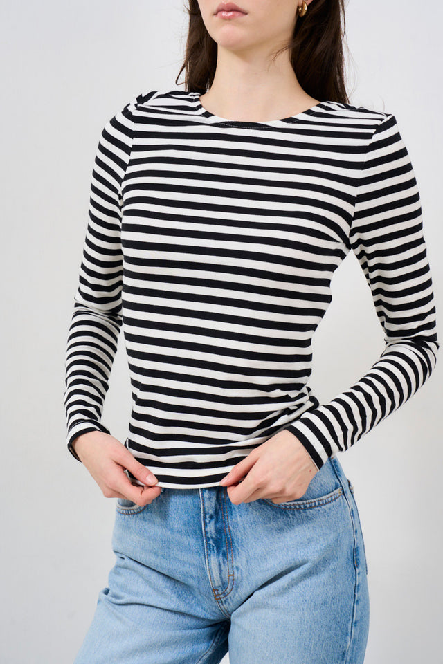 Striped women's sweater with back neckline
