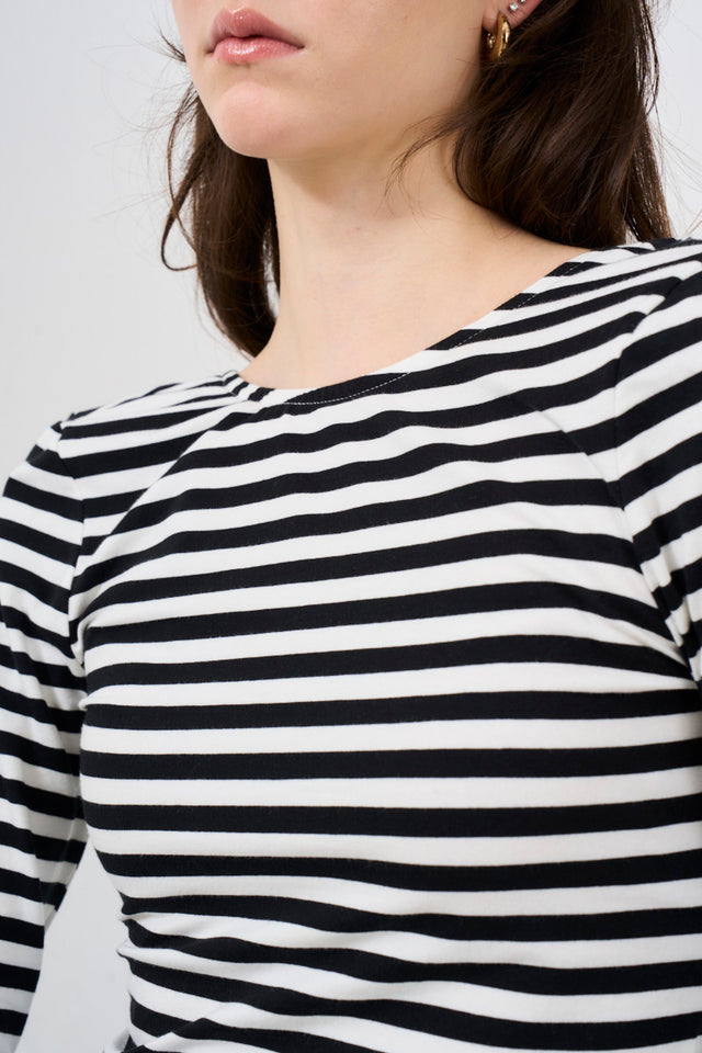 Striped women's sweater with back neckline