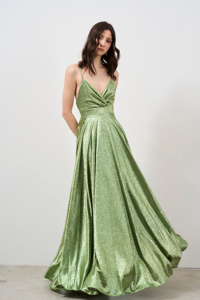 Green laminated dress with V-neck