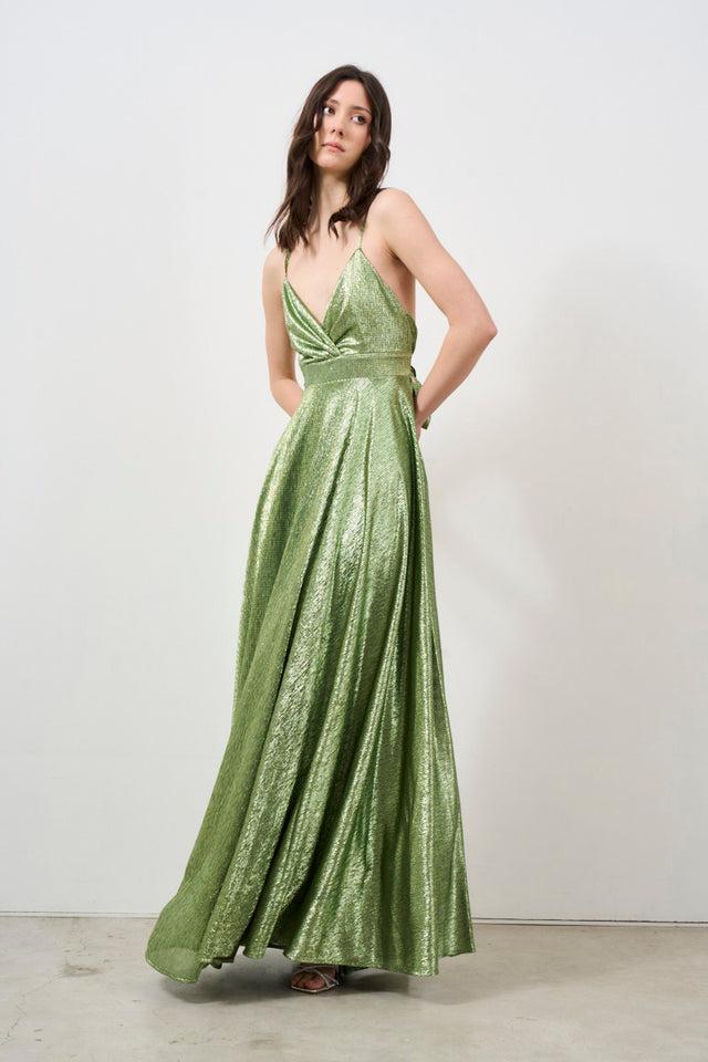 Green laminated dress with V-neck