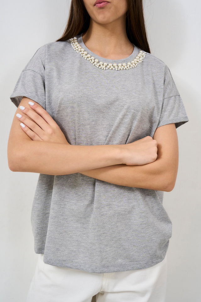 T-shirt donna con perle color grigio