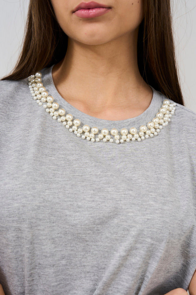 T-shirt donna con perle color grigio