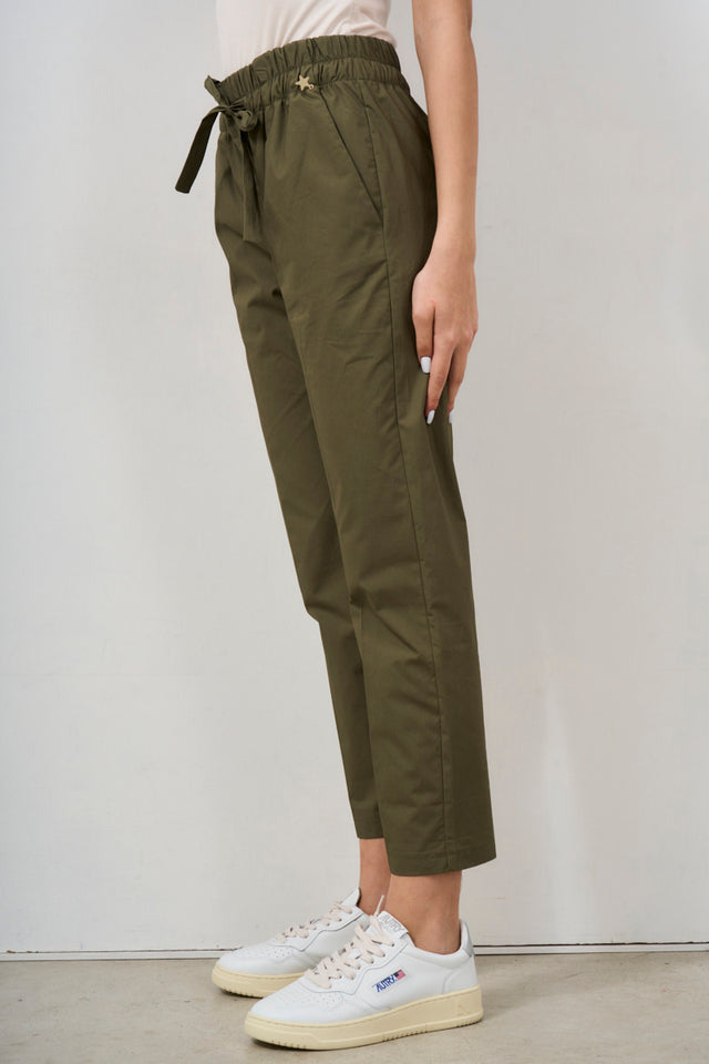Women's military green poplin trousers with elasticated waist