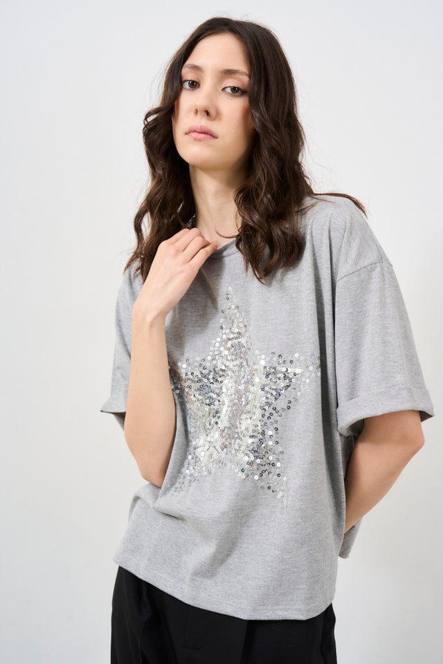 T-shirt donna con stella in paillettes grigio melange
