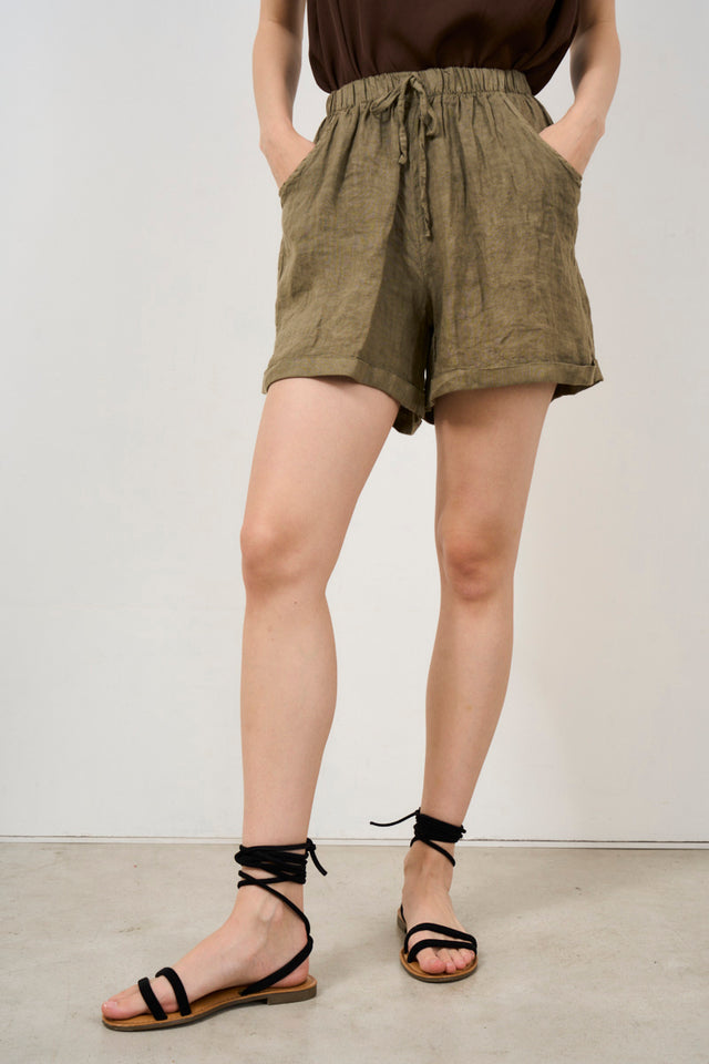 Shorts donna in misto lino con coulisse verde militare