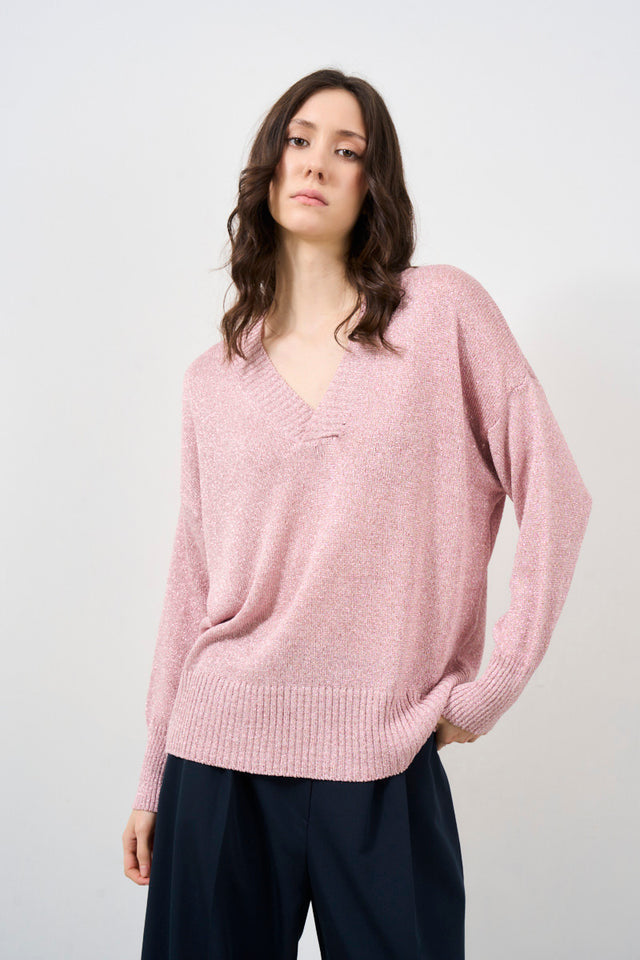 Pull donna a V in lurex rosa