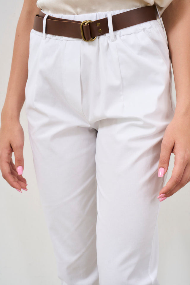 Pantalone donna in popeline con cintura bianco